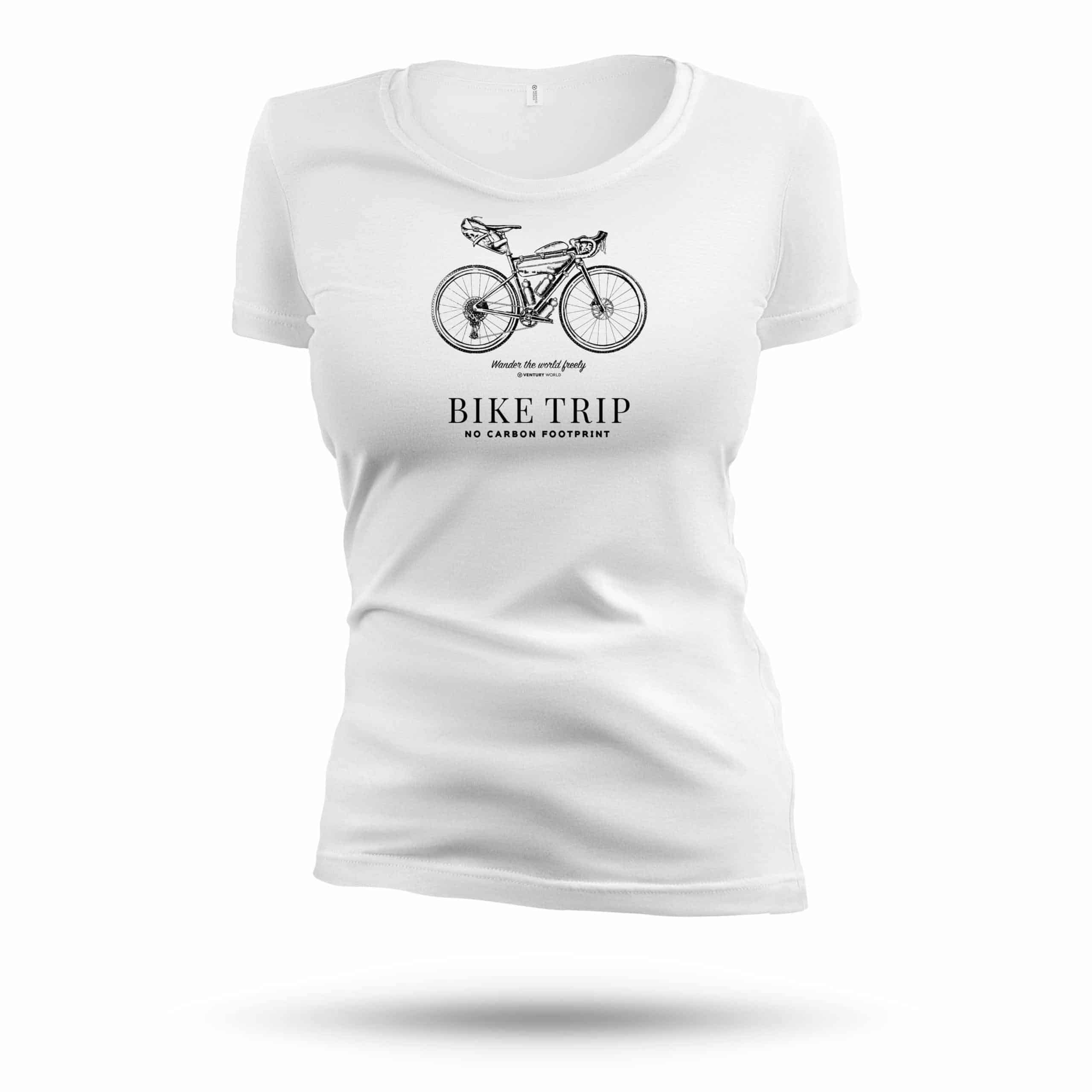 T-shirt cycling femme - Travel Bike bikepacking - Wander the world freely - collection T-shirt live freely 100% Naturel taille ajustée grand col rond.